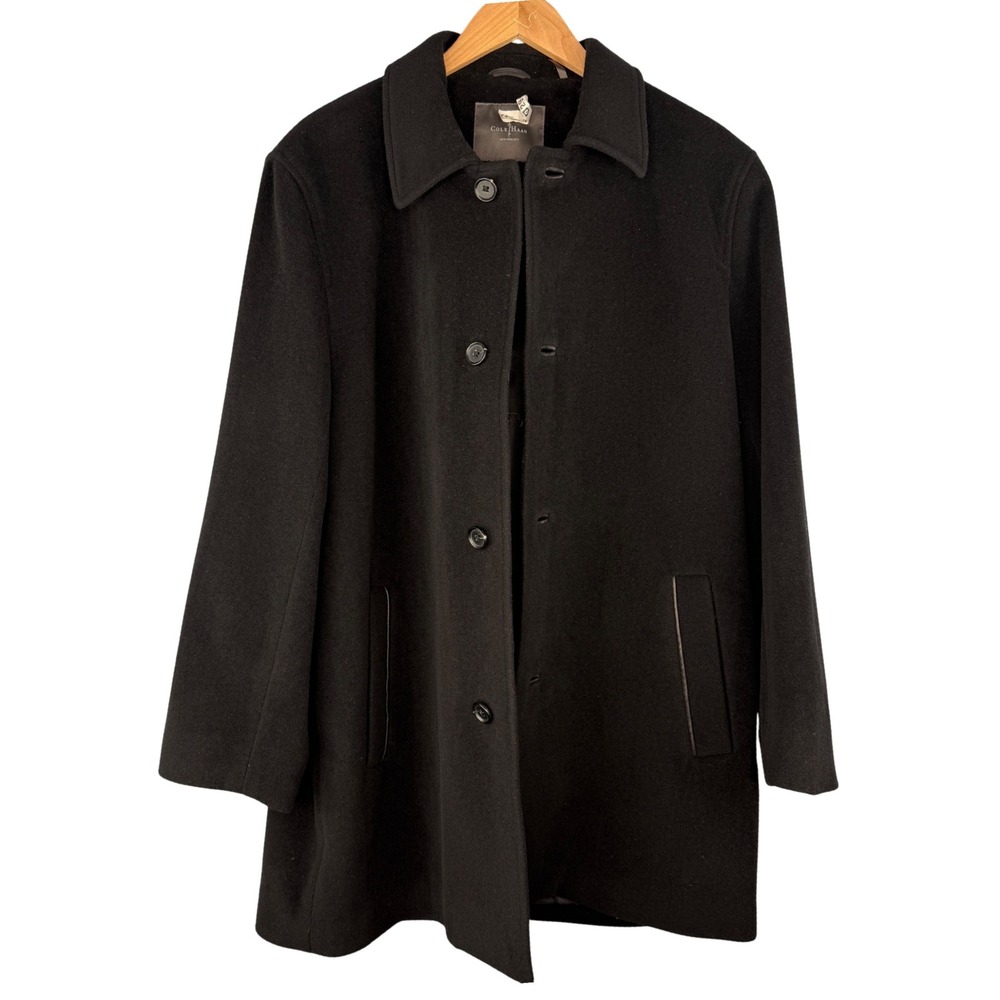 Cole Haan Mens Wool Cashmere‎ Blend Car Coat Black Lambskin Trim Size L Warm